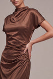 Cetim Coffee Coffee Sereia Vestido Formal Longo de Gola Alta com Mangas Curtas