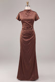 Cetim Coffee Coffee Sereia Vestido Formal Longo de Gola Alta com Mangas Curtas