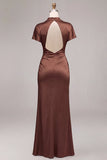 Cetim Coffee Coffee Sereia Vestido Formal Longo de Gola Alta com Mangas Curtas