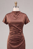 Cetim Coffee Coffee Sereia Vestido Formal Longo de Gola Alta com Mangas Curtas