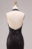 Sereia Preta com gola cabrestante, lantejoulas, vestido formal comprido