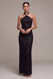 Sereia Preta com gola cabrestante, lantejoulas, vestido formal comprido