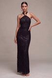 Sereia Preta com gola cabrestante, lantejoulas, vestido formal comprido