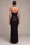 Sereia Preta com gola cabrestante, lantejoulas, vestido formal comprido