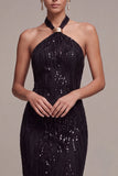 Sereia Preta com gola cabrestante, lantejoulas, vestido formal comprido