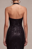 Sereia Preta com gola cabrestante, lantejoulas, vestido formal comprido