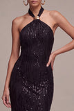 Sereia Preta com gola cabrestante, lantejoulas, vestido formal comprido