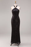 Sereia Preta com gola cabrestante, lantejoulas, vestido formal comprido