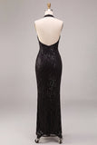 Sereia Preta com gola cabrestante, lantejoulas, vestido formal comprido
