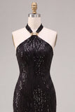 Sereia Preta com gola cabrestante, lantejoulas, vestido formal comprido