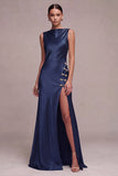 Vestido formal comprido de cetim com gola bata e gola de sereia-oliva com fenda