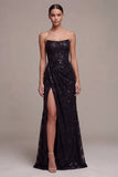 Vestido formal comprido e sereia sem alças, sereia preta, franzido, com fenda
