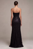 Vestido formal comprido e sereia sem alças, sereia preta, franzido, com fenda