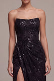 Vestido formal comprido e sereia sem alças, sereia preta, franzido, com fenda