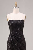 Vestido formal comprido e sereia sem alças, sereia preta, franzido, com fenda