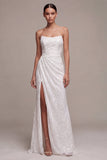 Vestido formal comprido e sereia sem alças, sereia preta, franzido, com fenda