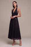 Vestido formal Midi sem costas pretas com decote halter, lantejoulas com decote em A,