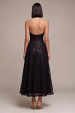 Vestido formal Midi sem costas pretas com decote halter, lantejoulas com decote em A,