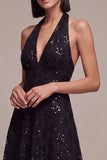 Vestido formal Midi sem costas pretas com decote halter, lantejoulas com decote em A,