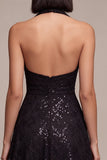 Vestido formal Midi sem costas pretas com decote halter, lantejoulas com decote em A,