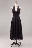 Vestido formal Midi sem costas pretas com decote halter, lantejoulas com decote em A,