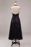 Vestido formal Midi sem costas pretas com decote halter, lantejoulas com decote em A,