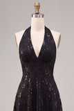 Vestido formal Midi sem costas pretas com decote halter, lantejoulas com decote em A,