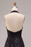 Vestido formal Midi sem costas pretas com decote halter, lantejoulas com decote em A,