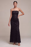 Vestido formal Maxi Formal Mulher, Sereia Preta Sem Alças, Lantejoulas Franzidas