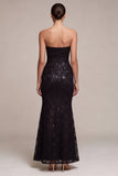 Vestido formal Maxi Formal Mulher, Sereia Preta Sem Alças, Lantejoulas Franzidas