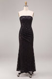 Vestido formal Maxi Formal Mulher, Sereia Preta Sem Alças, Lantejoulas Franzidas