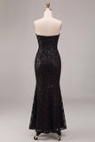 Vestido formal Maxi Formal Mulher, Sereia Preta Sem Alças, Lantejoulas Franzidas