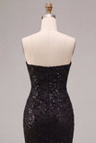 Vestido formal Maxi Formal Mulher, Sereia Preta Sem Alças, Lantejoulas Franzidas