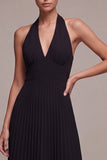 Vestido Formal Maxi Preto Preto, A-Line Halter e Decote Plissado em Chiffon