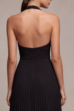 Vestido Formal Maxi Preto Preto, A-Line Halter e Decote Plissado em Chiffon