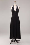 Vestido Formal Maxi Preto Preto, A-Line Halter e Decote Plissado em Chiffon