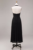 Vestido Formal Maxi Preto Preto, A-Line Halter e Decote Plissado em Chiffon