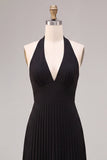 Vestido Formal Maxi Preto Preto, A-Line Halter e Decote Plissado em Chiffon