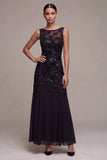 Vestido formal Maxi A-Line de Chiffon Preto, lantejoulas, gola bata