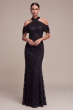 Vestido Formal Maxi Maxi de Lantejoulas Pretas com Lantejoulas e Gola Alta