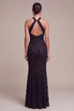 Vestido Formal Maxi Maxi de Lantejoulas Pretas com Lantejoulas e Gola Alta