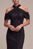 Vestido Formal Maxi Maxi de Lantejoulas Pretas com Lantejoulas e Gola Alta