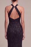 Vestido Formal Maxi Maxi de Lantejoulas Pretas com Lantejoulas e Gola Alta