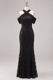 Vestido Formal Maxi Maxi de Lantejoulas Pretas com Lantejoulas e Gola Alta
