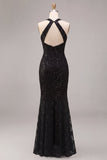 Vestido Formal Maxi Maxi de Lantejoulas Pretas com Lantejoulas e Gola Alta