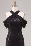 Vestido Formal Maxi Maxi de Lantejoulas Pretas com Lantejoulas e Gola Alta