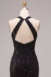 Vestido Formal Maxi Maxi de Lantejoulas Pretas com Lantejoulas e Gola Alta