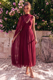 Vestido Midi Sem Mangas em Chiffon A-Line A-Line com Cape