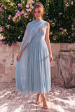 Vestido Midi Sem Mangas em Chiffon A-Line A-Line com Cape