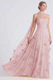 Vestido de dama de honor Daffodil Strapless Strapless A-Line Chiffon com flores 3D